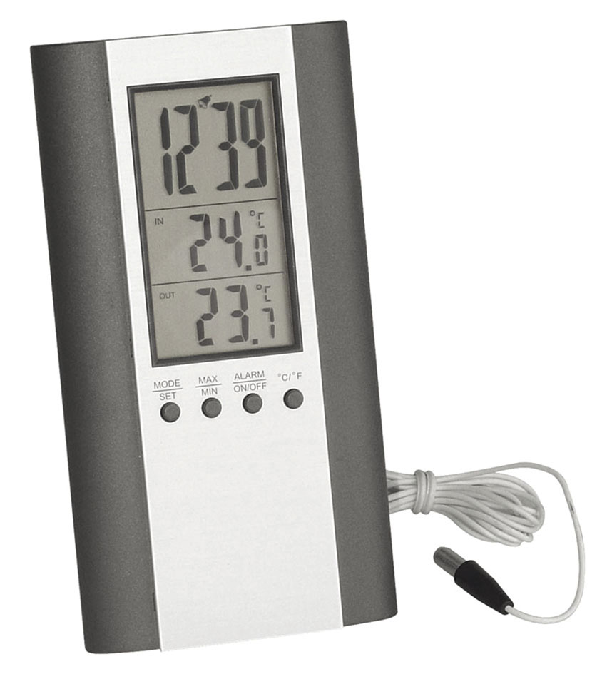 Art.nr. 48-703 Digitalt termometer -Inne/ute, Min/max, Klokke m/alarm